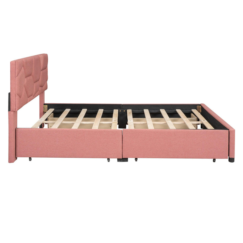 Queen Size Upholstered Platform Bed with Brick Pattern Heardboard and 4 Drawers, Linen Fabric, Pink