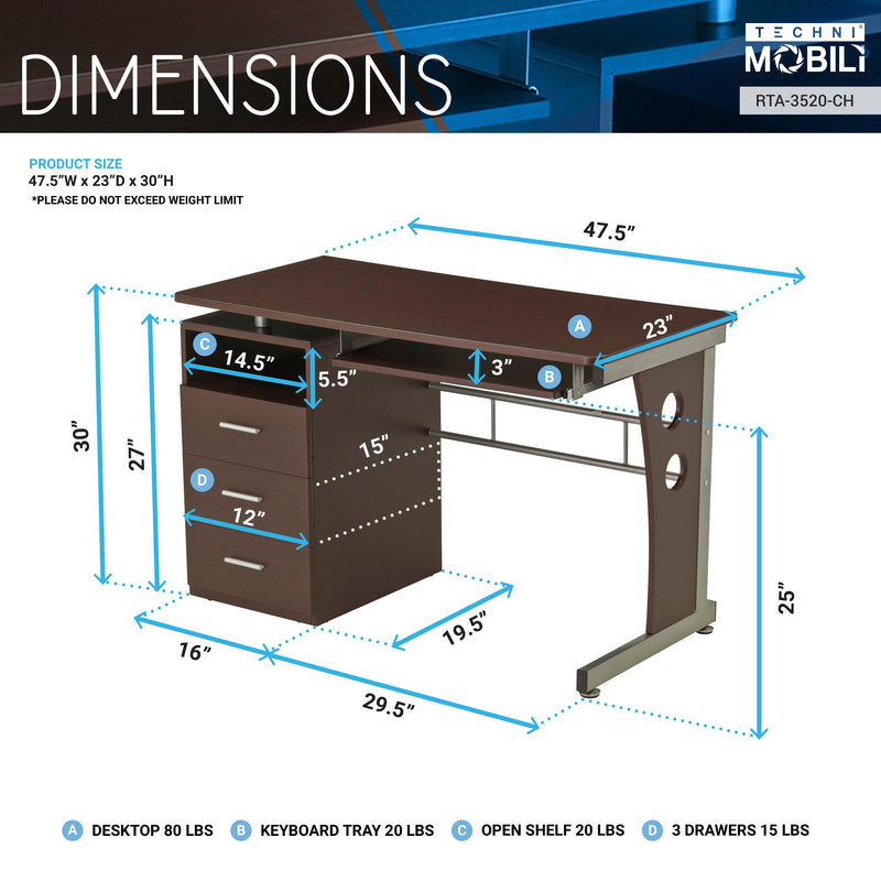 Techni Mobili Computer Desk with AmpleStorage, Chocolate