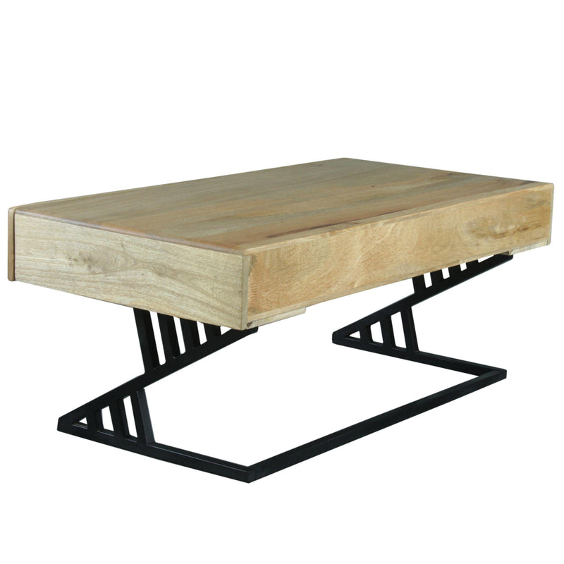 40 Inch Handcrafted Industrial ManWood Coffee Table, 1 Drawer, Metal Frame, Light Brown and Black