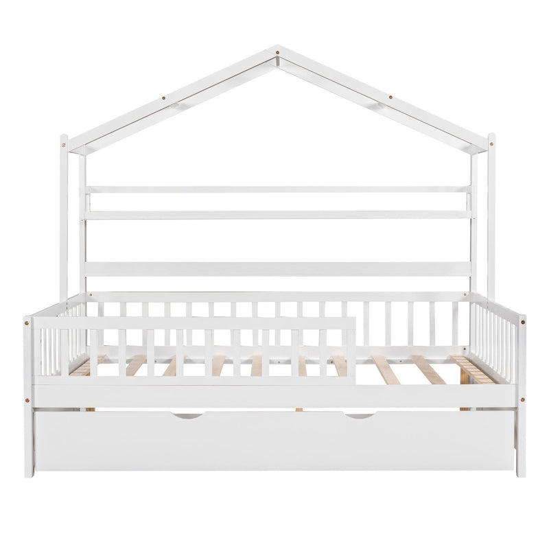 Wooden Full Size House Bed with Twin Size Trundle,Kids Bed with Shelf, White - Urban Living Furniture (Los Angeles, CA)