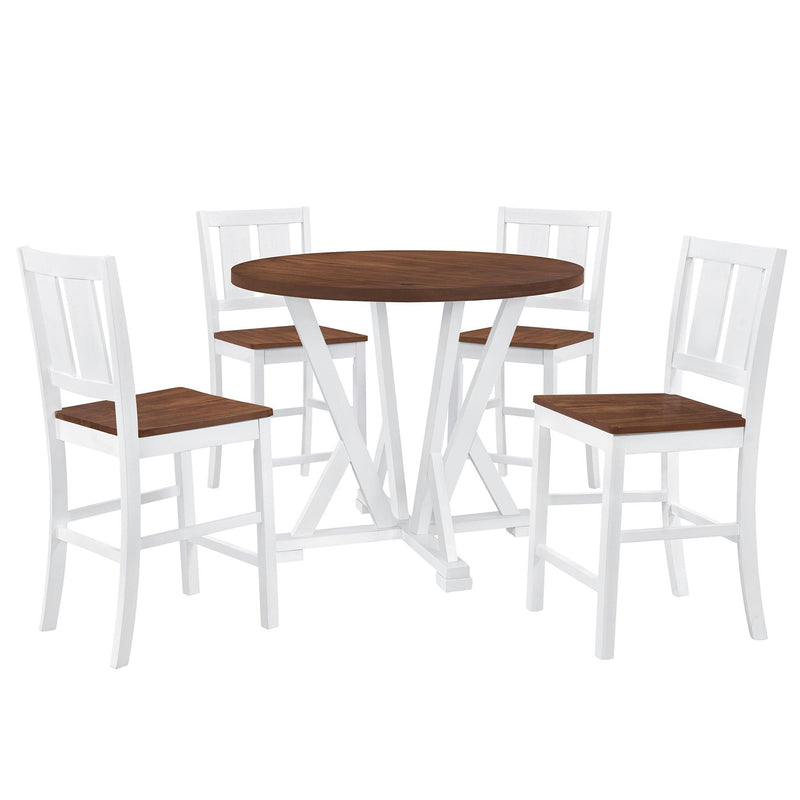 Rustic Farmhouse 5-Piece Counter Height Dining Table Set, Round Kitchen set with 4 Dining Chairs and Thick Tabletop, Brown - Urban Living Furniture (Los Angeles, CA)