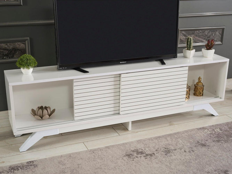 Luxia Mid CenturyModern Tv Stand 2 Sliding Door Cabinet 2 Shelves 67 inch Tv Uni, White - Urban Living Furniture (Los Angeles, CA)