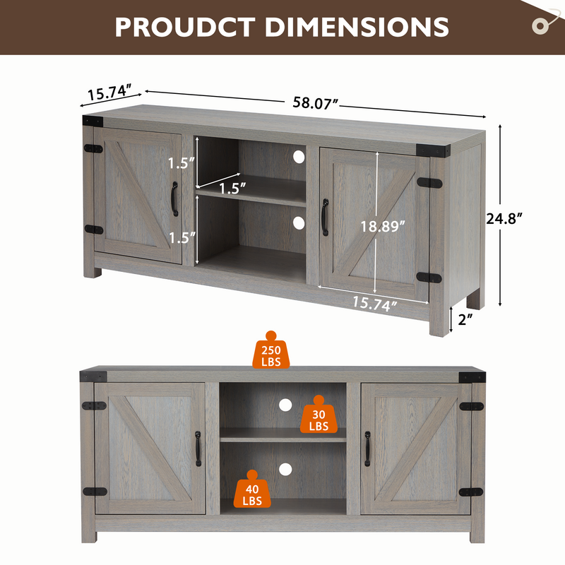 Modern Farmhouse Barn Door TV Stand,Storage Entertainment Center,Wood Media Console Table Cabinet 3-Level Adjustable Shelf for TVs up to 65 Inches ,58inch,Gray /Barnwood