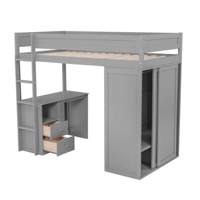 Wood Twin Size Loft Bed with Wardrobes and 2-Drawer Desk with Cabinet, Gray