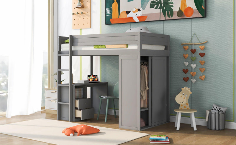 Wood Twin Size Loft Bed with Wardrobes and 2-Drawer Desk with Cabinet, Gray