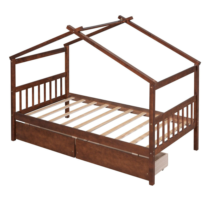 Twin Size Wooden House Bed with Drawers, Walnut - Urban Living Furniture (Los Angeles, CA)