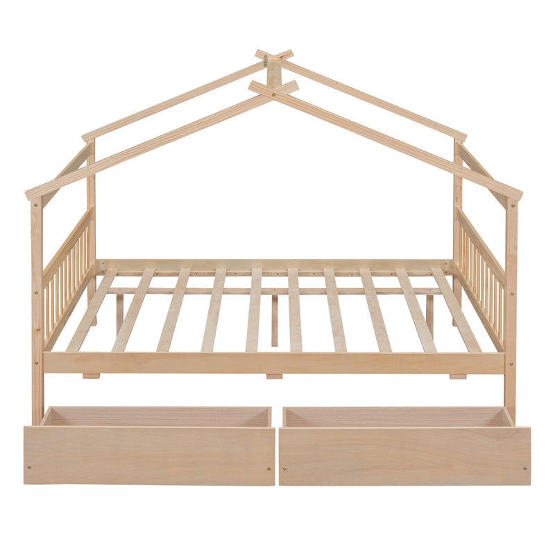 Full Size Wooden House Bed with Drawers, Natural