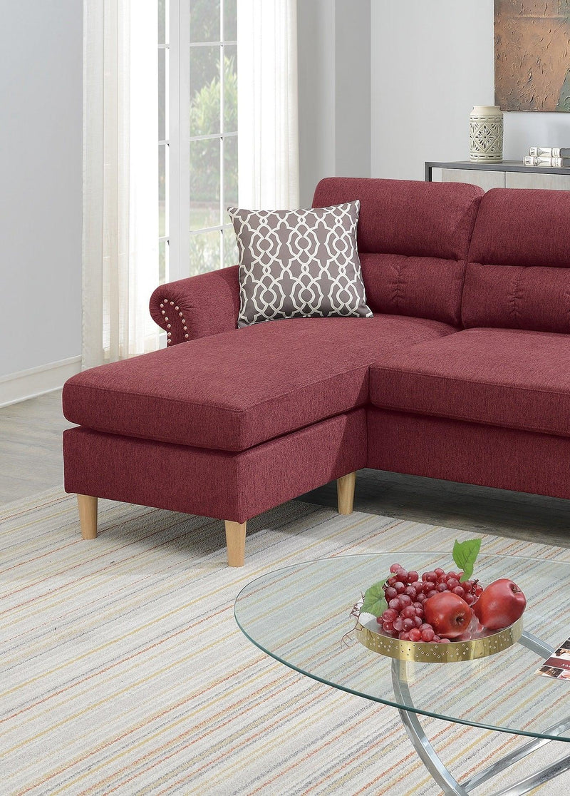 Paparika Red Color Polyfiber Reversible Sectional Sofa Set Chaise Pillows Plush Cushion Couch Nailheads