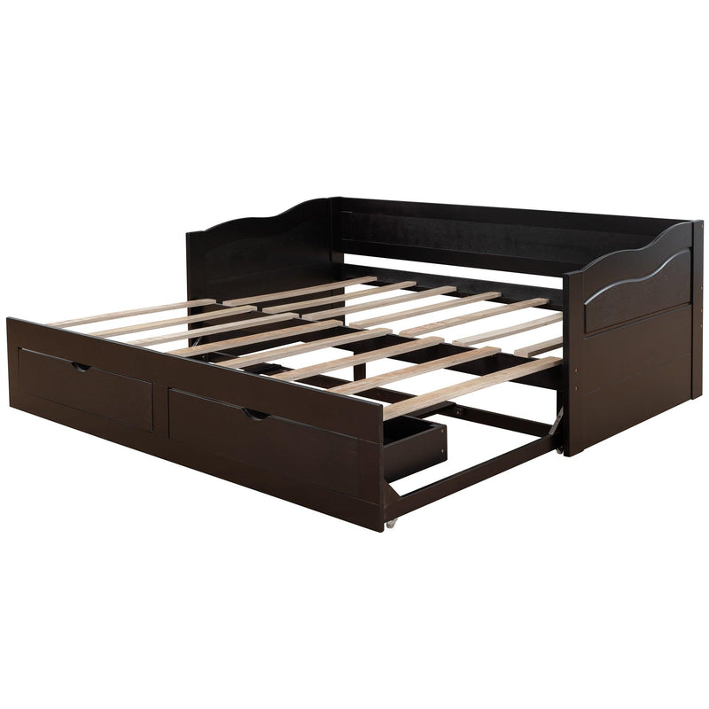 Wooden Daybed with Trundle Bed and TwoStorage Drawers , Extendable Bed Daybed,Sofa Bed with Two Drawers, Espresso