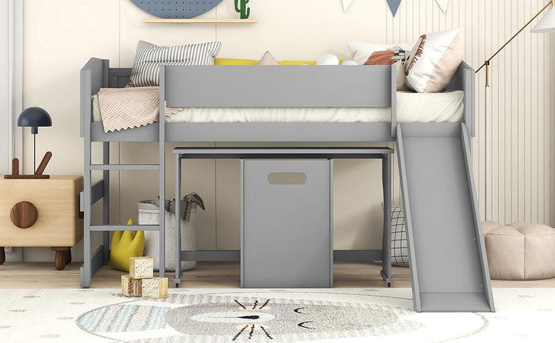 Low Study Twin Loft Bed with Rolling Portable Desk and Chair,Multiple Functions Bed- Gray - Urban Living Furniture (Los Angeles, CA)