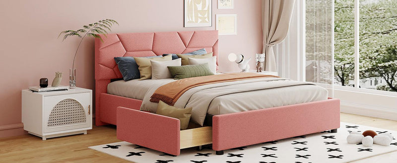 Queen Size Upholstered Platform Bed with Brick Pattern Heardboard and 4 Drawers, Linen Fabric, Pink - Urban Living Furniture (Los Angeles, CA)