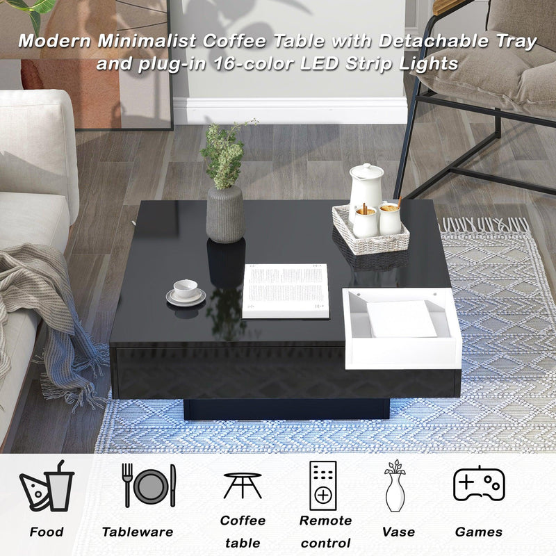 Modern Minimalist Design 31.5*31.5in Square Coffee Table with Detachable Tray and Plug-in 16-color LED Strip Lights Remote Control for Living Room - Urban Living Furniture (Los Angeles, CA)