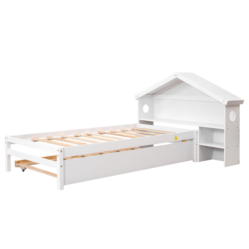 TwinStorage House Bed for kids with Bedside Table, Trundle, White - Urban Living Furniture (Los Angeles, CA)