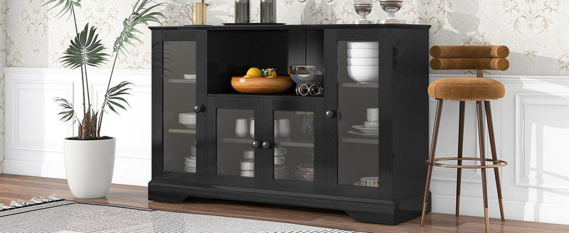 TV Stand for TV up to 60in with 4 Tempered Glass Doors Adjustable Panels Open Style Cabinet, Sideboard for Living room, Black - Urban Living Furniture (Los Angeles, CA)