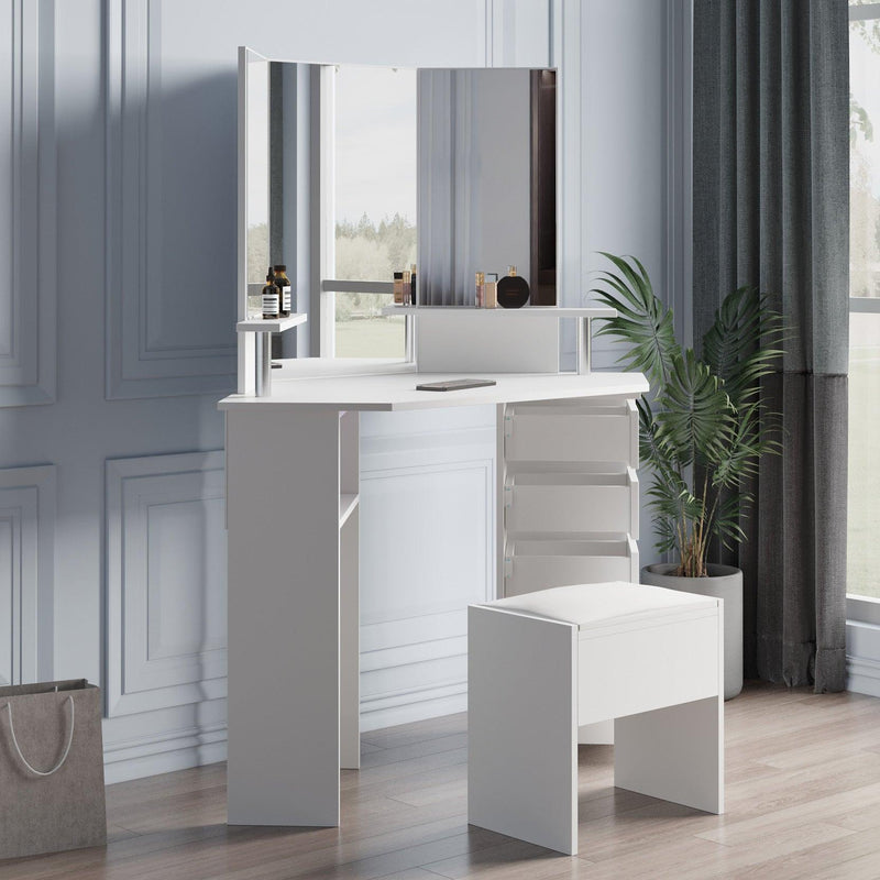 Corner dressing table make up desk with three-fold mirror and 5 rotary drawer Wooden Bedroom Vanity Table (White) - Urban Living Furniture (Los Angeles, CA)