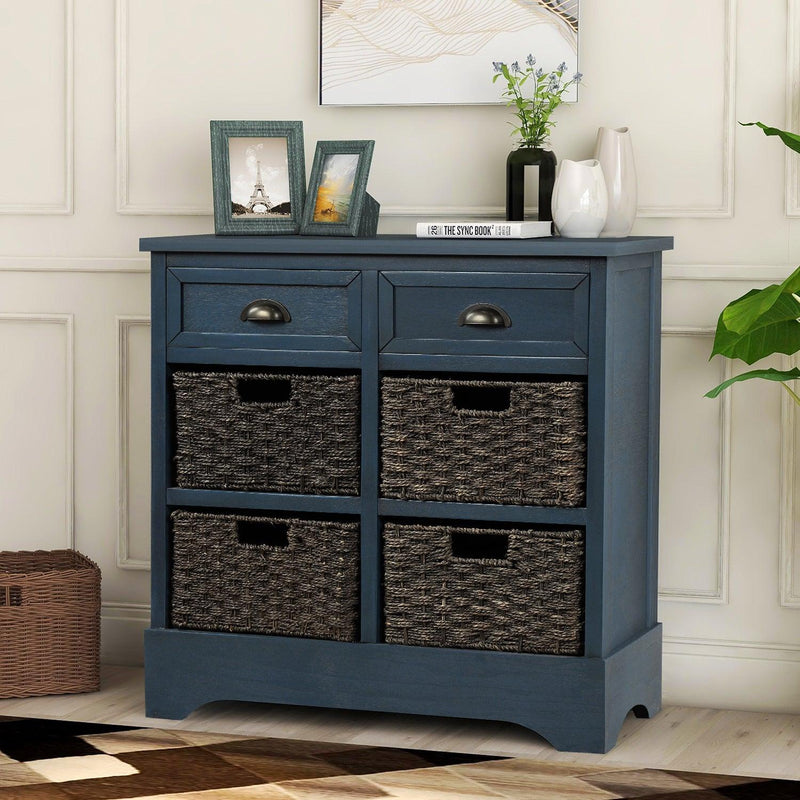 RusticStorage Cabinet with Two Drawers and Four  Classic Rattan Basket for Dining Room/Entryway/Living Room (Antique Navy) - Urban Living Furniture (Los Angeles, CA)