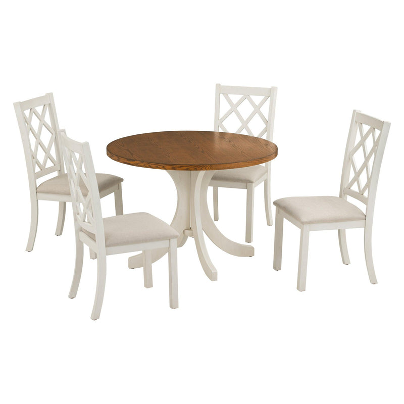 Mid-Century Solid Wood 5-Piece Round Dining Table Set, Kitchen Table Set with Upholstered Chairs for Small Places, Walnut Table+Beige Chair - Urban Living Furniture (Los Angeles, CA)