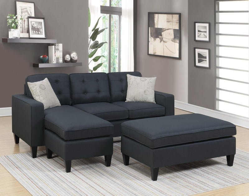 Reversible 3pc Sectional Sofa Set Black Tufted Polyfiber Wood Legs Chaise Sofa Ottoman Pillows Cushion Couch - Urban Living Furniture (Los Angeles, CA)