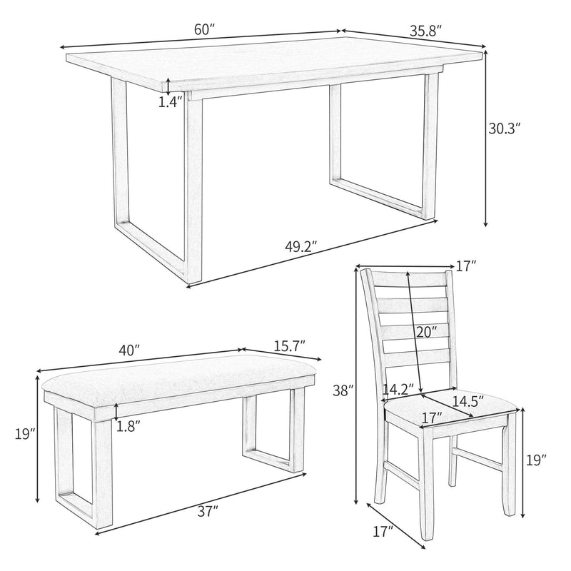 6-Pieces Family Furniture, Solid Wood Dining Room Set with Rectangular Table & 4 Chairs with Bench(Gray) - Urban Living Furniture (Los Angeles, CA)