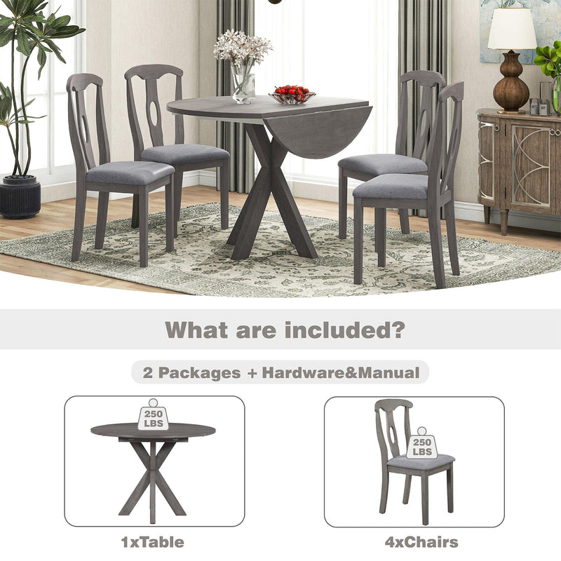 Rustic Farmhouse 5-Piece Wood Round Dining Table Set for 4, Kitchen Furniture with Drop Leaf and 4 Padded Dining Chairs for Small Places, Grey - Urban Living Furniture (Los Angeles, CA)