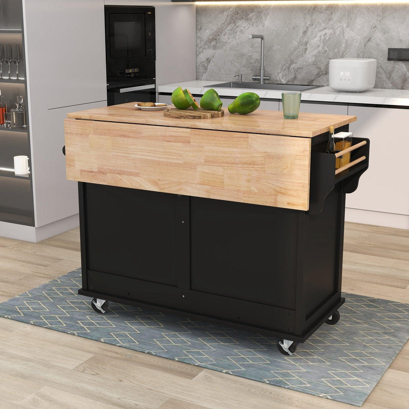 Kitchen Cart with Rubber wood Drop-Leaf Countertop, Concealed sliding barn door adjustable height,Kitchen Island on 4 Wheels withStorage Cabinet and 2 Drawers,L52.2xW30.5xH36.6 inch, Black - Urban Living Furniture (Los Angeles, CA)