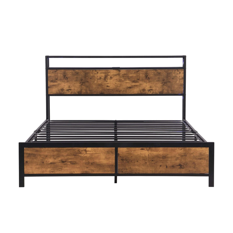 Industrial Queen Bed Frame with LED Lights and 2 USB Ports, Bed Frame Queen Size withStorage, Noise Free, No Box Spring Needed, Rustic Brown