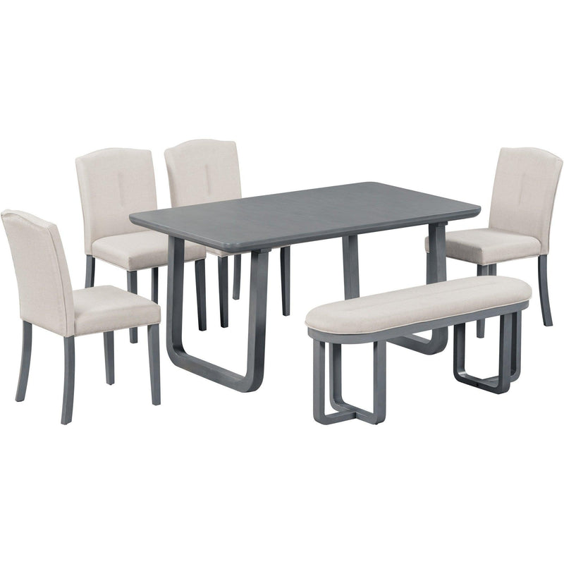 6-Piece Retro-Style Dining Set Includes Dining Table, 4 Upholstered Chairs & Bench with Foam-covered Seat Backs&Cushions for Dining Room (Gray+Beige) - Urban Living Furniture (Los Angeles, CA)