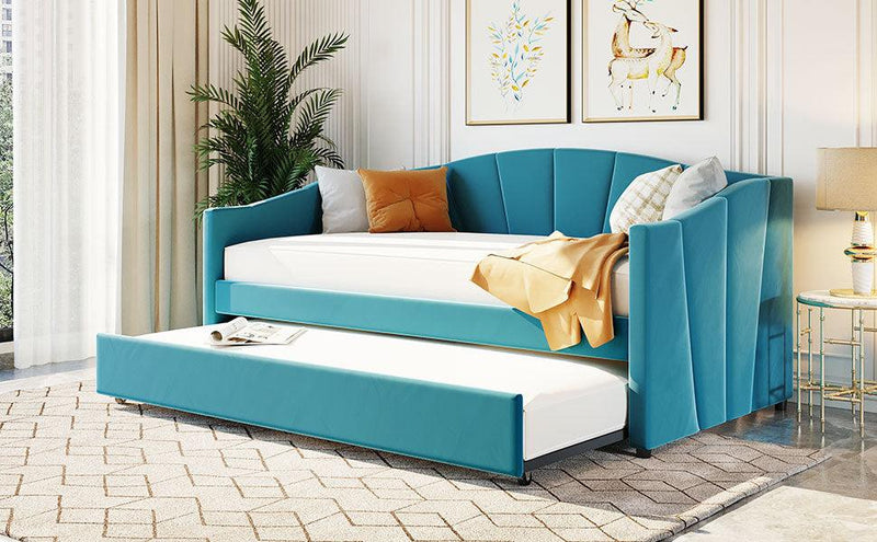 Upholstered Daybed Sofa Bed Twin Size With Trundle Bed and Wood Slat ,Blue