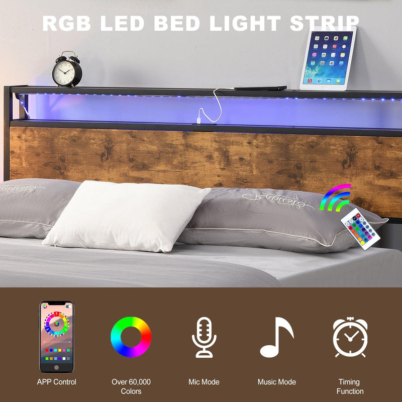 Industrial Queen Bed Frame with LED Lights and 2 USB Ports, Bed Frame Queen Size withStorage, Noise Free, No Box Spring Needed, Rustic Brown - Urban Living Furniture (Los Angeles, CA)