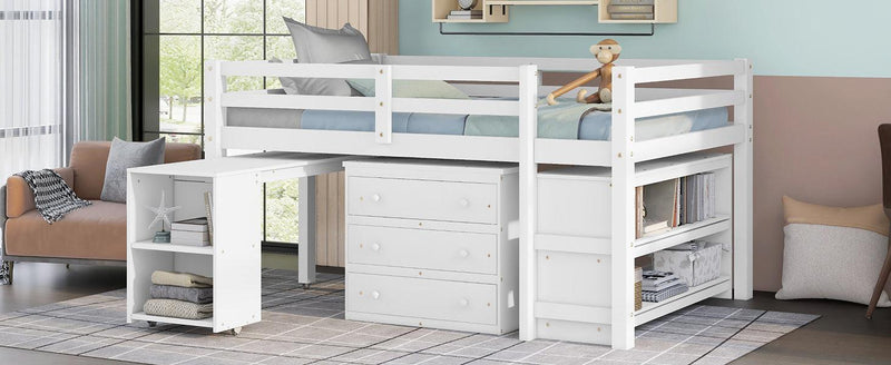 Low Study Full Loft Bed with Cabinet ,Shelves and Rolling Portable Desk ,Multiple Functions Bed- White - Urban Living Furniture (Los Angeles, CA)