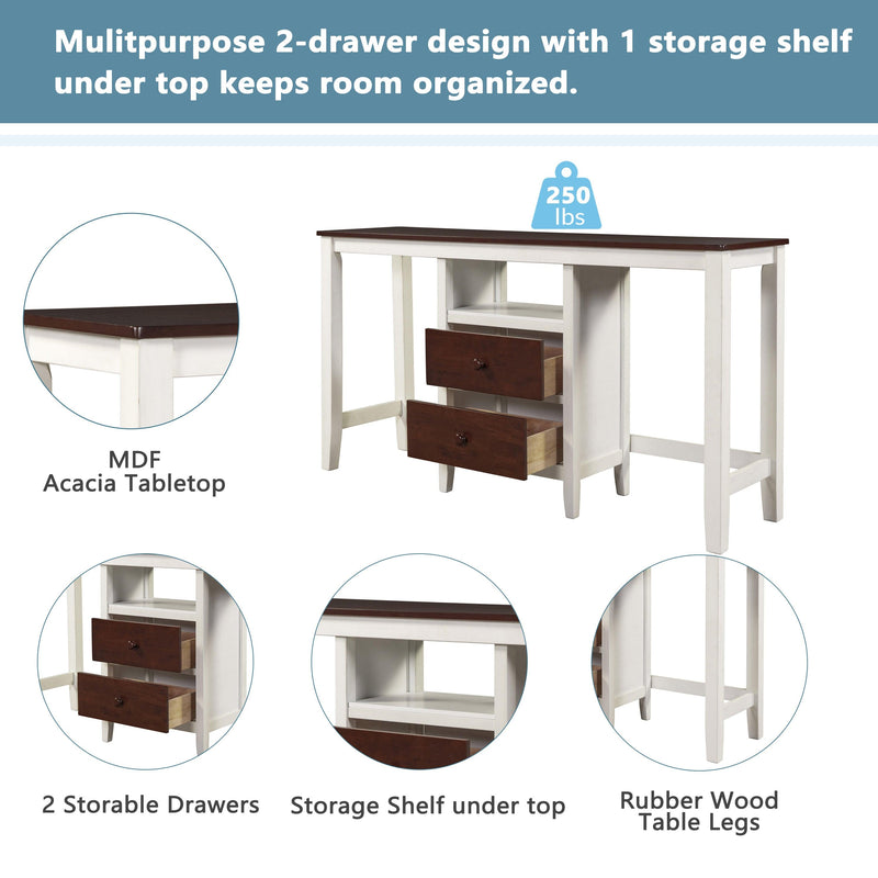 Farmhouse Rustic 3-piece Counter Height Wood Dining Table Set with 2Storage Drawers and 2 Stools for Small Places, White and Brown