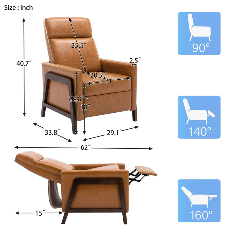 Wood-Framed PU Leather Recliner Chair Adjustable Home Theater Seating with Thick Seat Cushion and BackrestModern Living Room Recliners，Brown