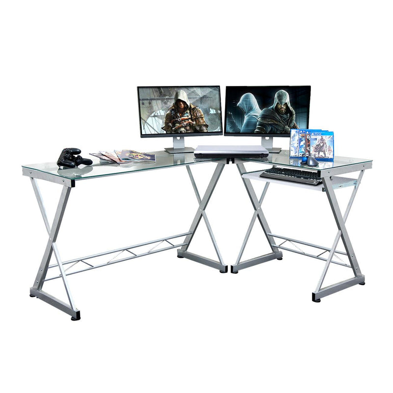 Techni Mobili L-Shaped Tempered Glass Top Computer Desk with Pull Out Keyboard Panel, Clear - Urban Living Furniture (Los Angeles, CA)