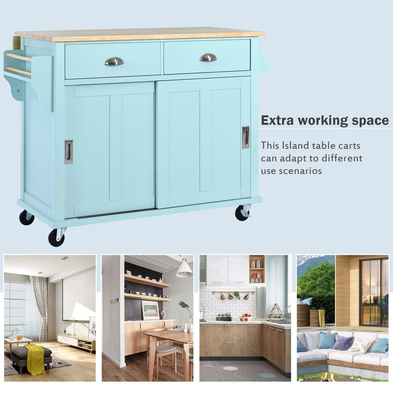 Kitchen Cart with Rubber wood Drop-Leaf Countertop, Concealed sliding barn door adjustable height,Kitchen Island on 4 Wheels withStorage Cabinet and 2 Drawers,L52.2xW30.5xH36.6 inch, Mint Green - Urban Living Furniture (Los Angeles, CA)