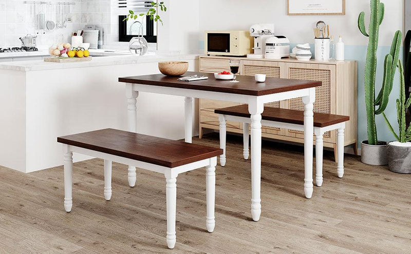 3-Piece Retro Farmhouse Solid Wood Kitchen Dining Table Set Breakfast Nook with 2 Benches, Cherry+White - Urban Living Furniture (Los Angeles, CA)