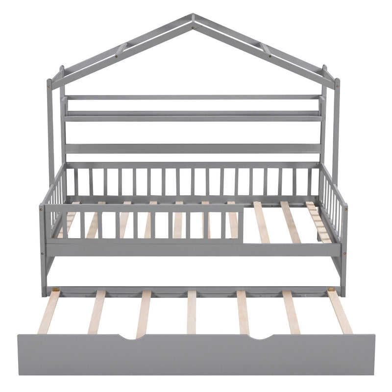 Wooden Twin Size House Bed with Trundle,Kids Bed with Shelf, Gray - Urban Living Furniture (Los Angeles, CA)