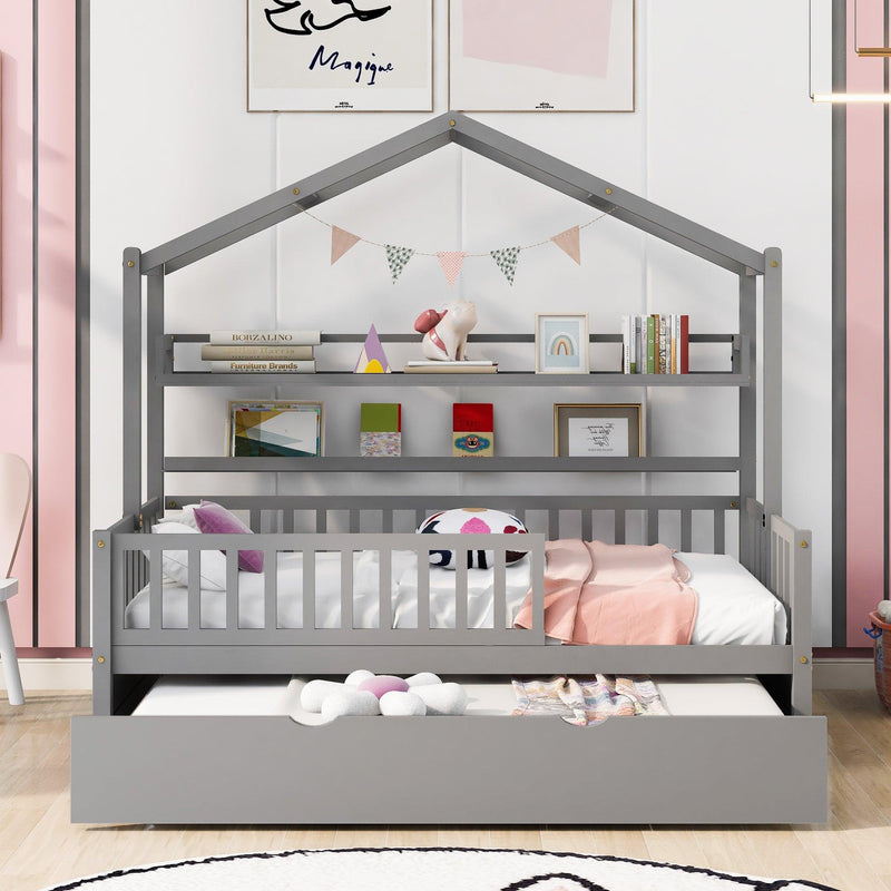 Wooden Twin Size House Bed with Trundle,Kids Bed with Shelf, Gray - Urban Living Furniture (Los Angeles, CA)