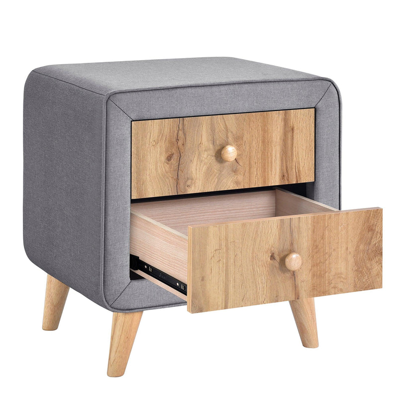 Upholstered Wooden Nightstand with 2 Drawers,Fully Assembled Except Legs and Handles,Bedside Table with Rubber Wood Leg-Gray