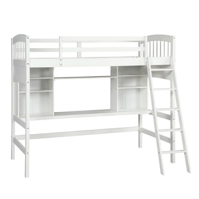 Twin size Loft Bed withStorage Shelves, Desk and Ladder, White - Urban Living Furniture (Los Angeles, CA)