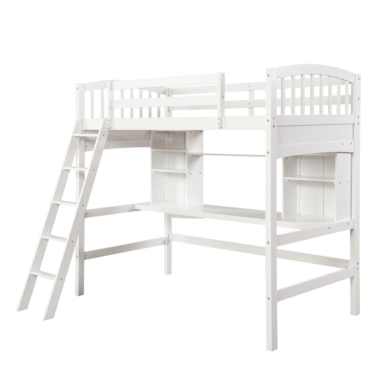 Twin size Loft Bed withStorage Shelves, Desk and Ladder, White - Urban Living Furniture (Los Angeles, CA)