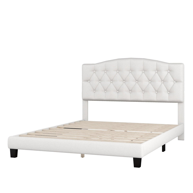 Upholstered Platform Bed with Saddle Curved Headboard and Diamond Tufted Details, Queen, Beige - Urban Living Furniture (Los Angeles, CA)