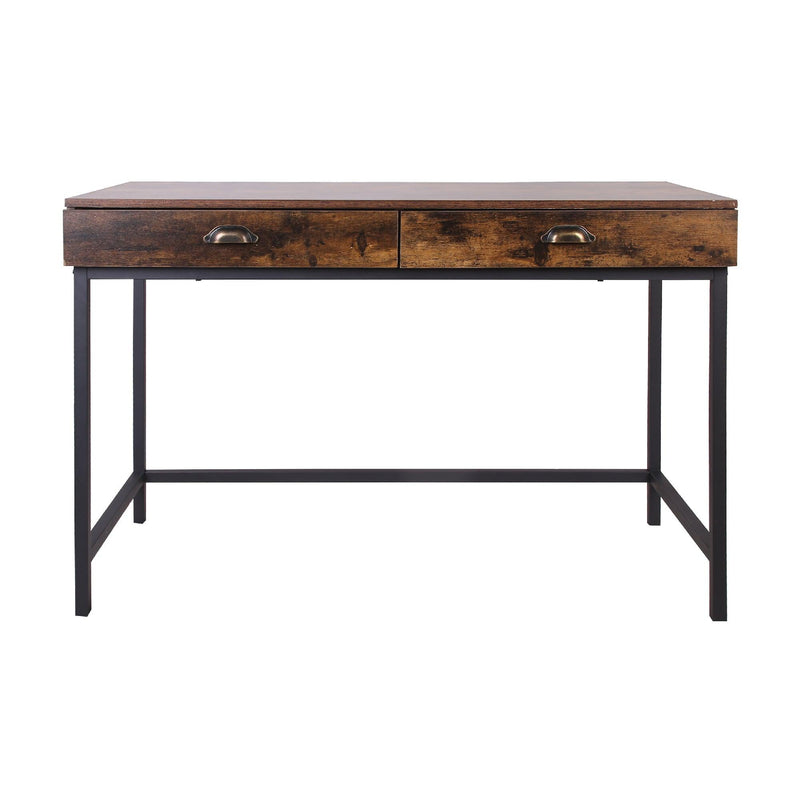 Industrial Grained Wooden Computer Desk with 2 Drawers, Brown and Black