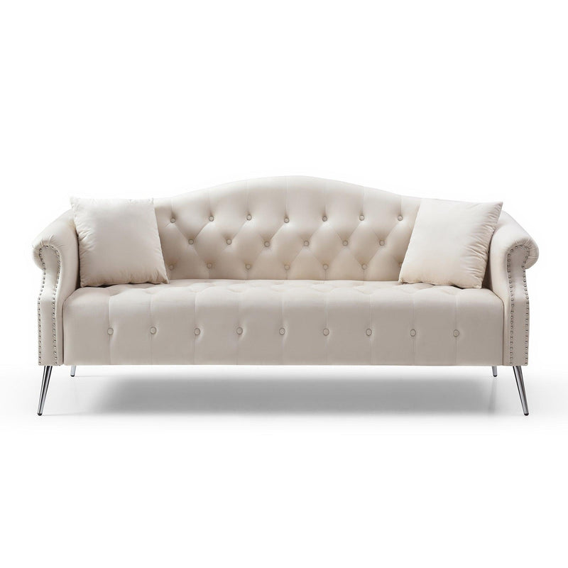 Classic Chesterfield Velvet Sofa Loveseat Contemporary Upholstered Couch Button Tufted Nailhead Trimming Curved Backrest Rolled Arms with Silver Metal Legs Living Room Set,4 Pillows Included,Beige - Urban Living Furniture (Los Angeles, CA)