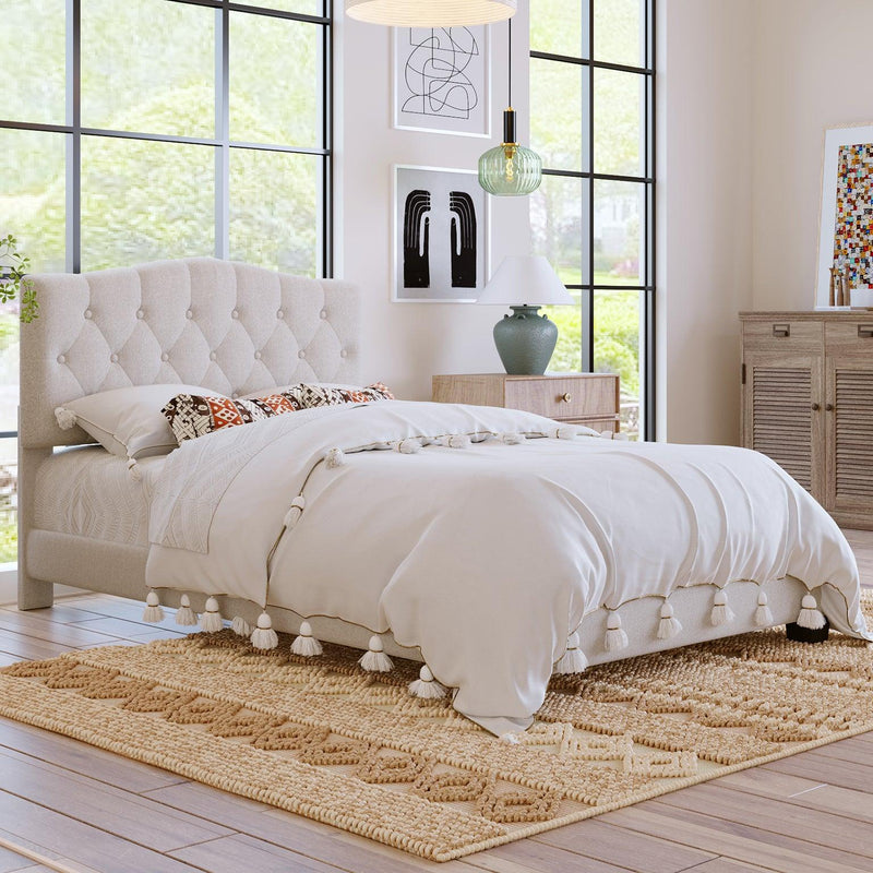 Upholstered Platform Bed with Saddle Curved Headboard and Diamond Tufted Details, Full, Beige - Urban Living Furniture (Los Angeles, CA)