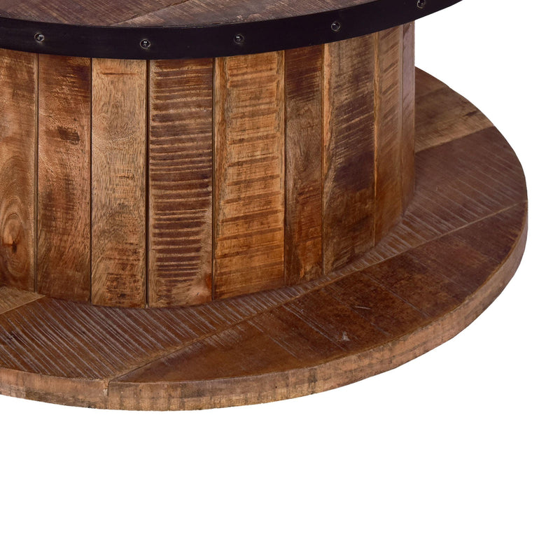 36 Inch ManWood Farmhouse Coffee Table with Rustic Plank Style Round Top and Base, Walnut and Natural Brown