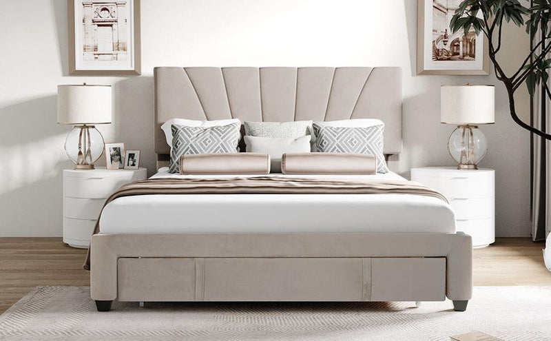 Queen SizeStorage Bed Velvet Upholstered Platform Bed with a Big Drawer - Beige - Urban Living Furniture (Los Angeles, CA)