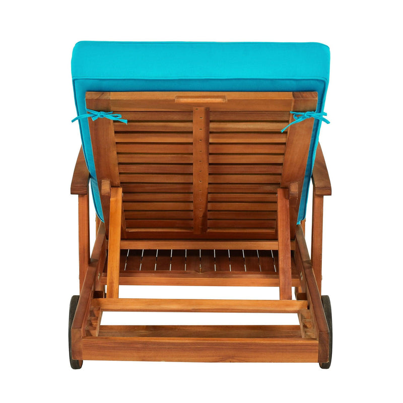 78.8" Outdoor Patio Solid Wood Chaise Lounge Reclining Daybed with Blue Cushion, Wheels and Sliding Cup Table