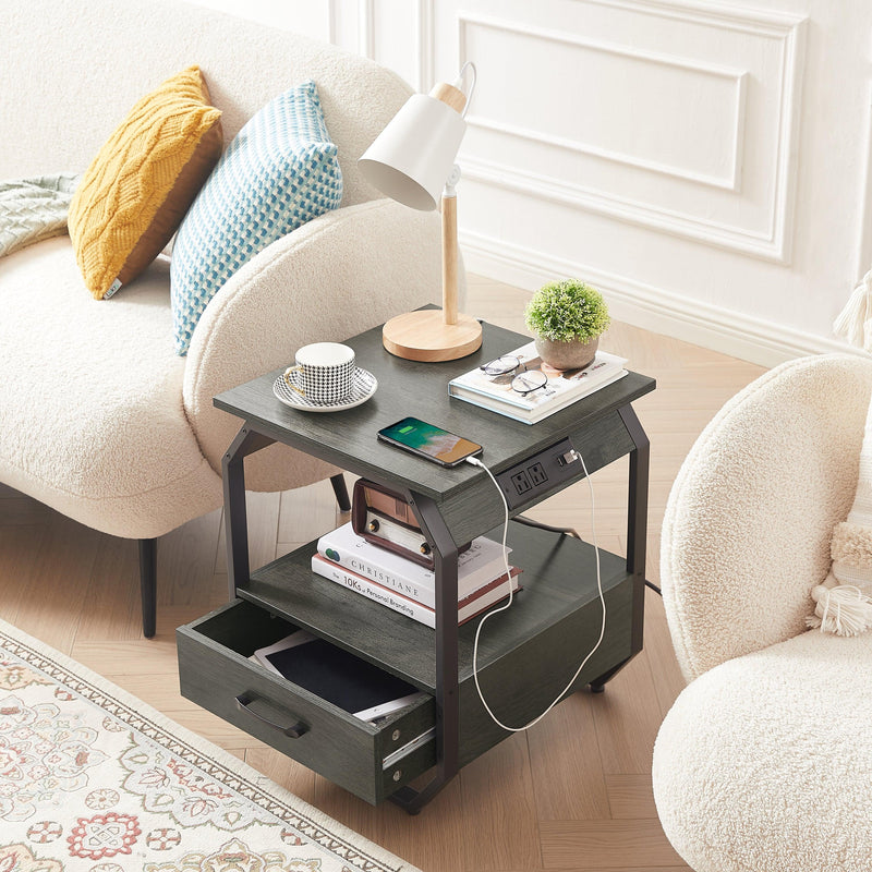 End table Side table with Charging Station,sofa side table with drawers, bedside table for bedroom.(Dark grey,17.3’’W*17.9’’D*21.2’’H)