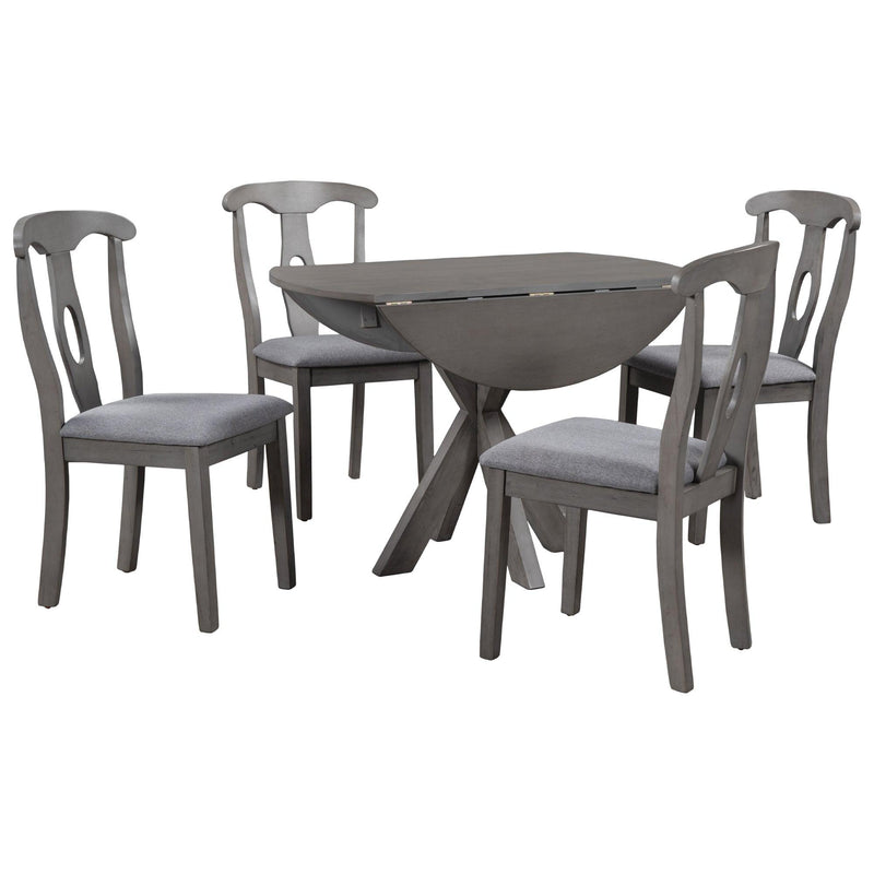 Rustic Farmhouse 5-Piece Wood Round Dining Table Set for 4, Kitchen Furniture with Drop Leaf and 4 Padded Dining Chairs for Small Places, Grey - Urban Living Furniture (Los Angeles, CA)