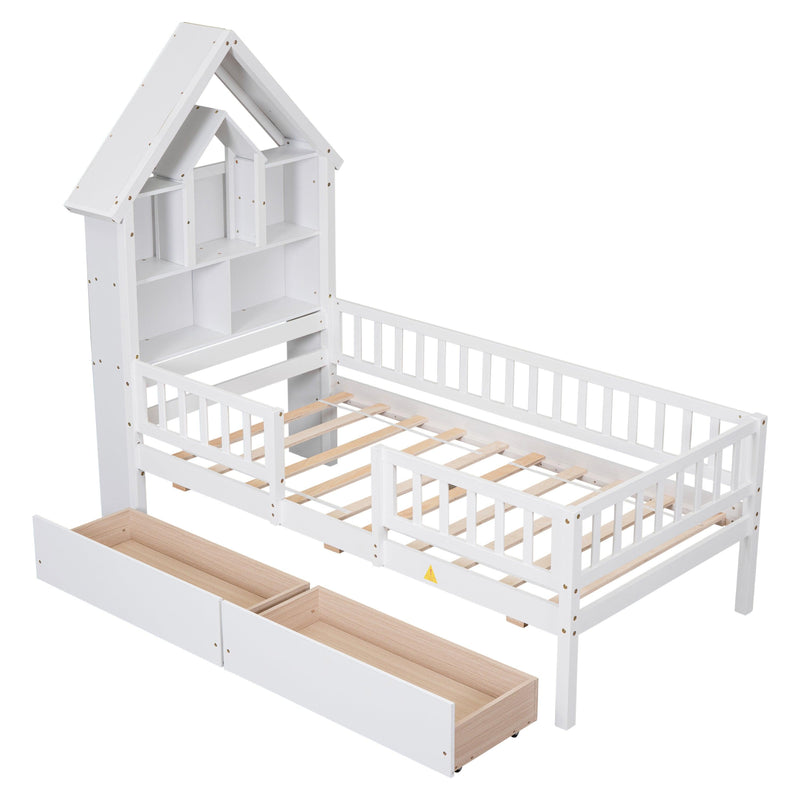 Twin Size House-Shaped Headboard Bed with Fence Guardrails and Drawers ,White - Urban Living Furniture (Los Angeles, CA)